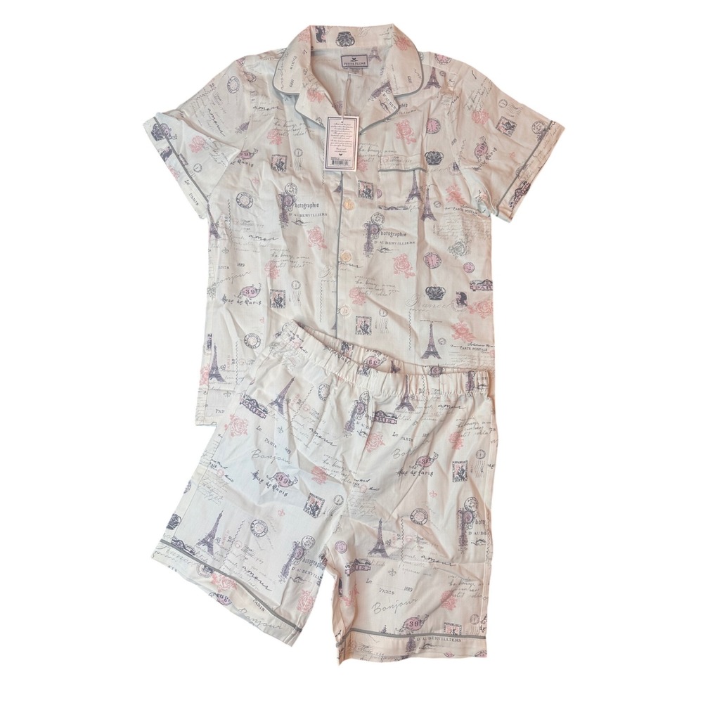 Petite Plume Girls Paris Musings Classic Short Pajama Set White Pink Size 12 NEW